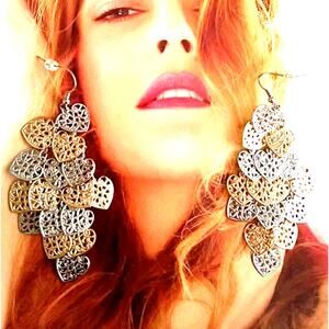 Hearts Chandelier Drop Earrings Fillagree Gold Silver Boho PIERCED Love Disco